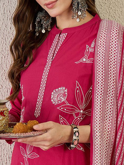 Women Embroidered Beads and Stones Pure Cotton Kurta with Trousers & Dupatta
