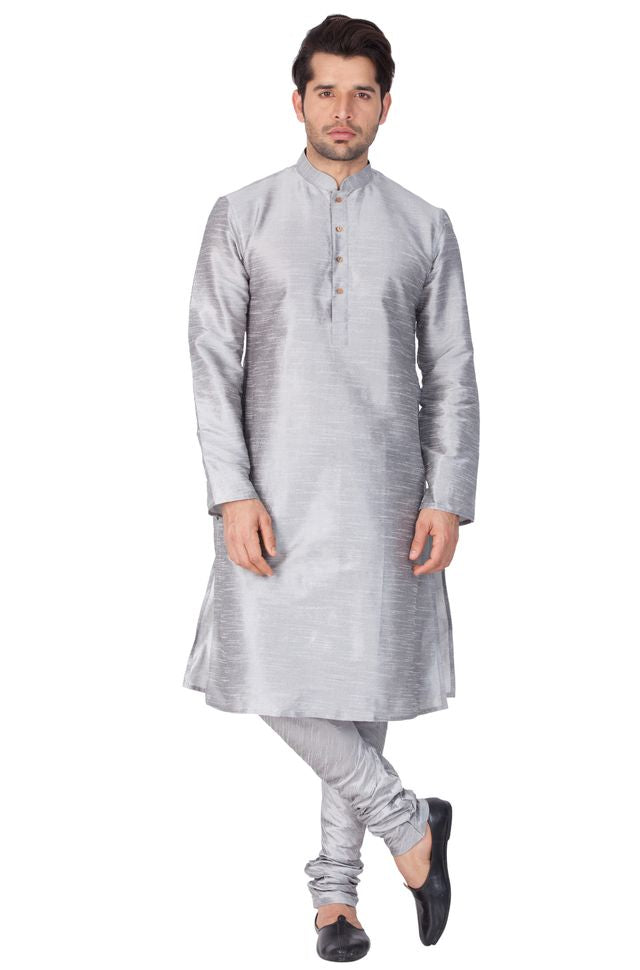 Men's Grey Silk Blend Straight Kurta Pyjama Set