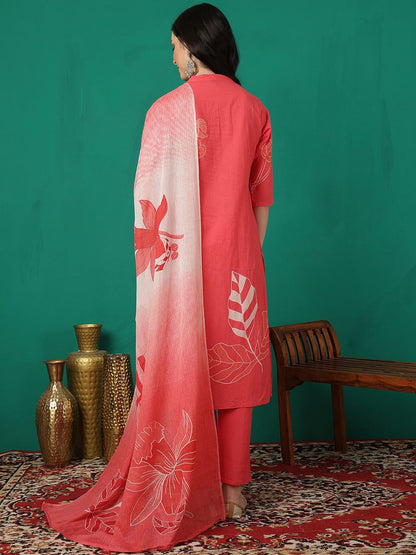 Dhiyona SN Women's Printed Pure Cotton Straight Kurta With Trouser & Dupatta