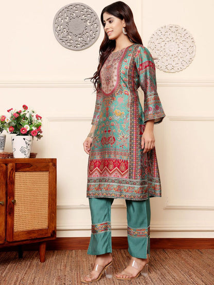 Dhiyona VA Women's Ethnic Motifs Printed Regular Gotta Patti Chanderi Silk Kurta with Trousers