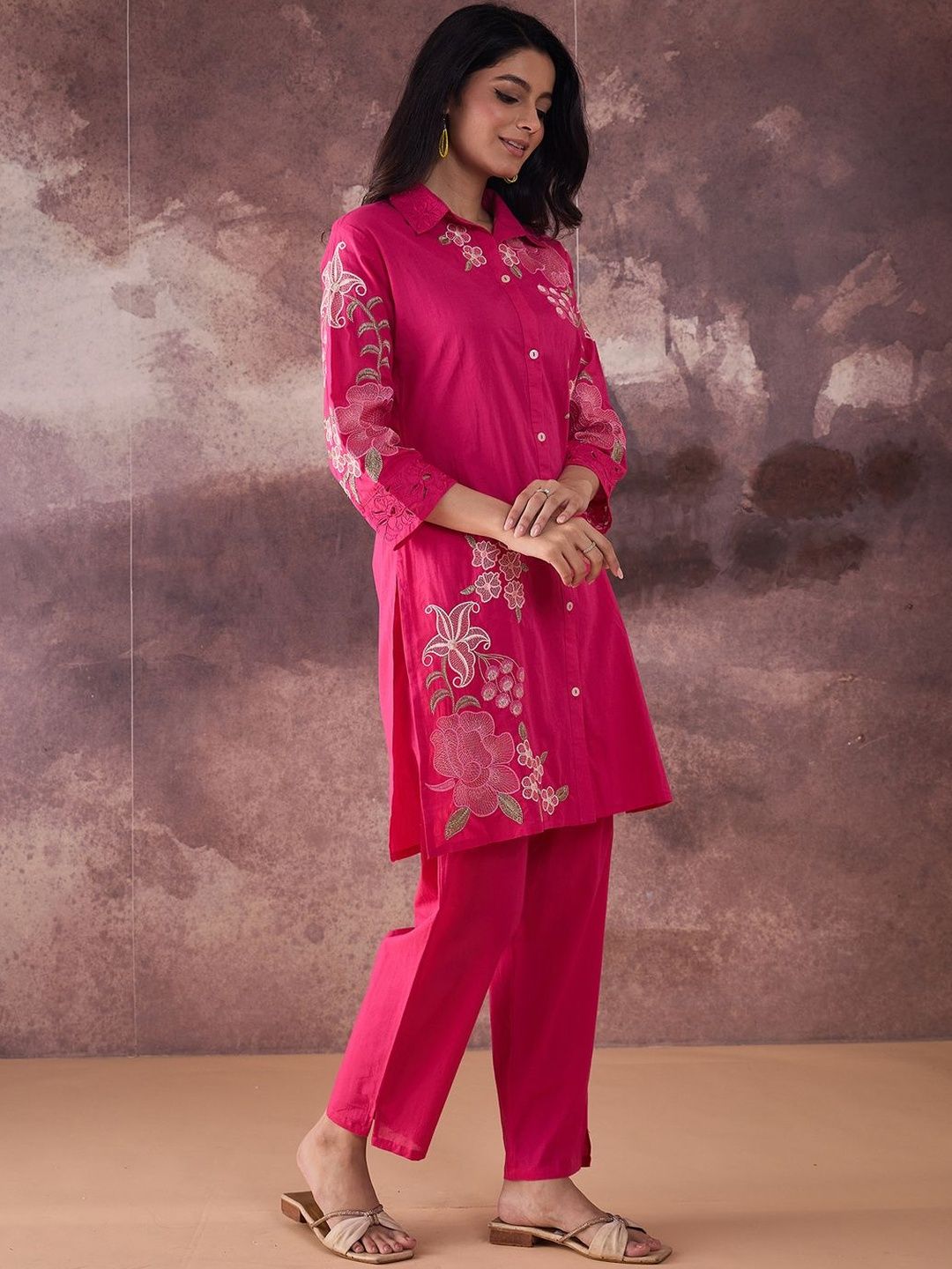 Floral Embroidered Thread Work Pure Cotton Kurta With Trouser