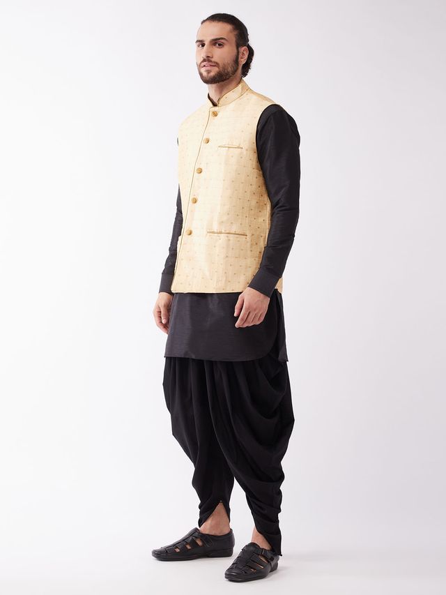 Men's Black Silk Blend Straight Jacket  Kurta and Dhoti Set