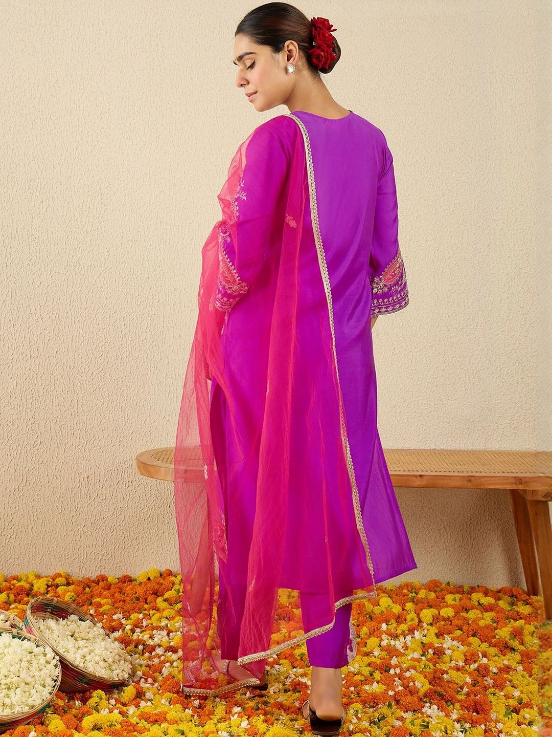 Floral Yoke Design Round Neck Thread Work Straight Kurta & Dupatta with Trousers