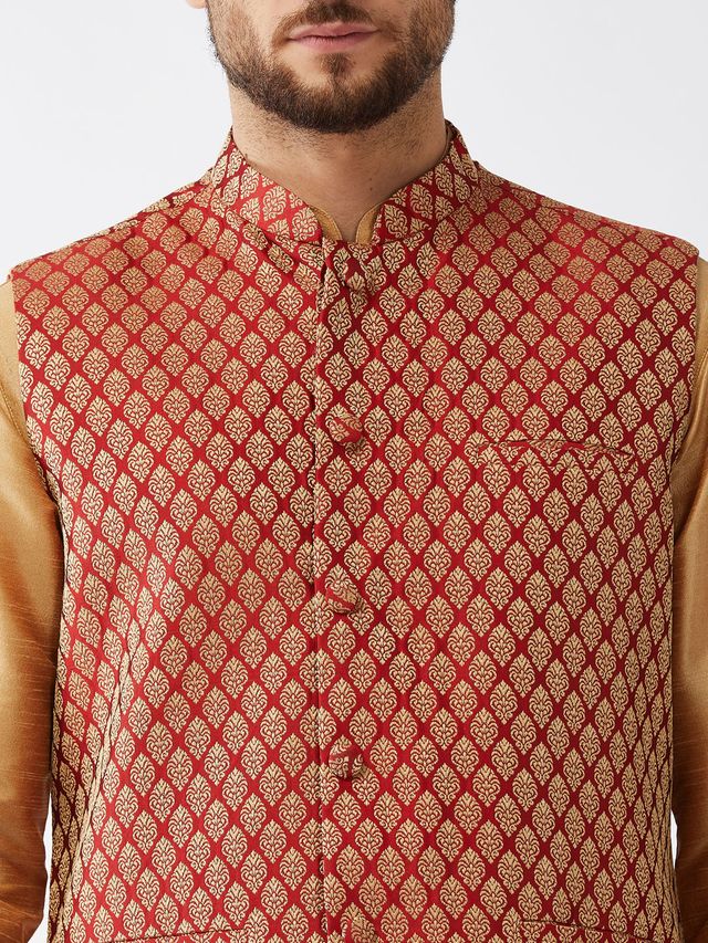 Men's Rose Gold Silk Blend Straight Jacket  Kurta and Dhoti Set