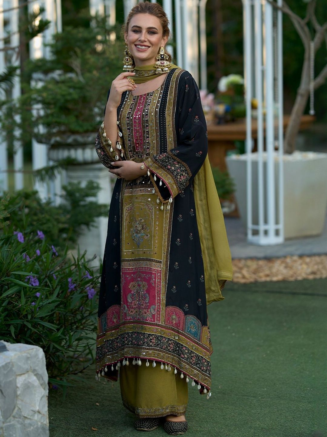 Ethnic Motifs Printed Regular Mirror Work Kurta With Palazzos & Dupatta