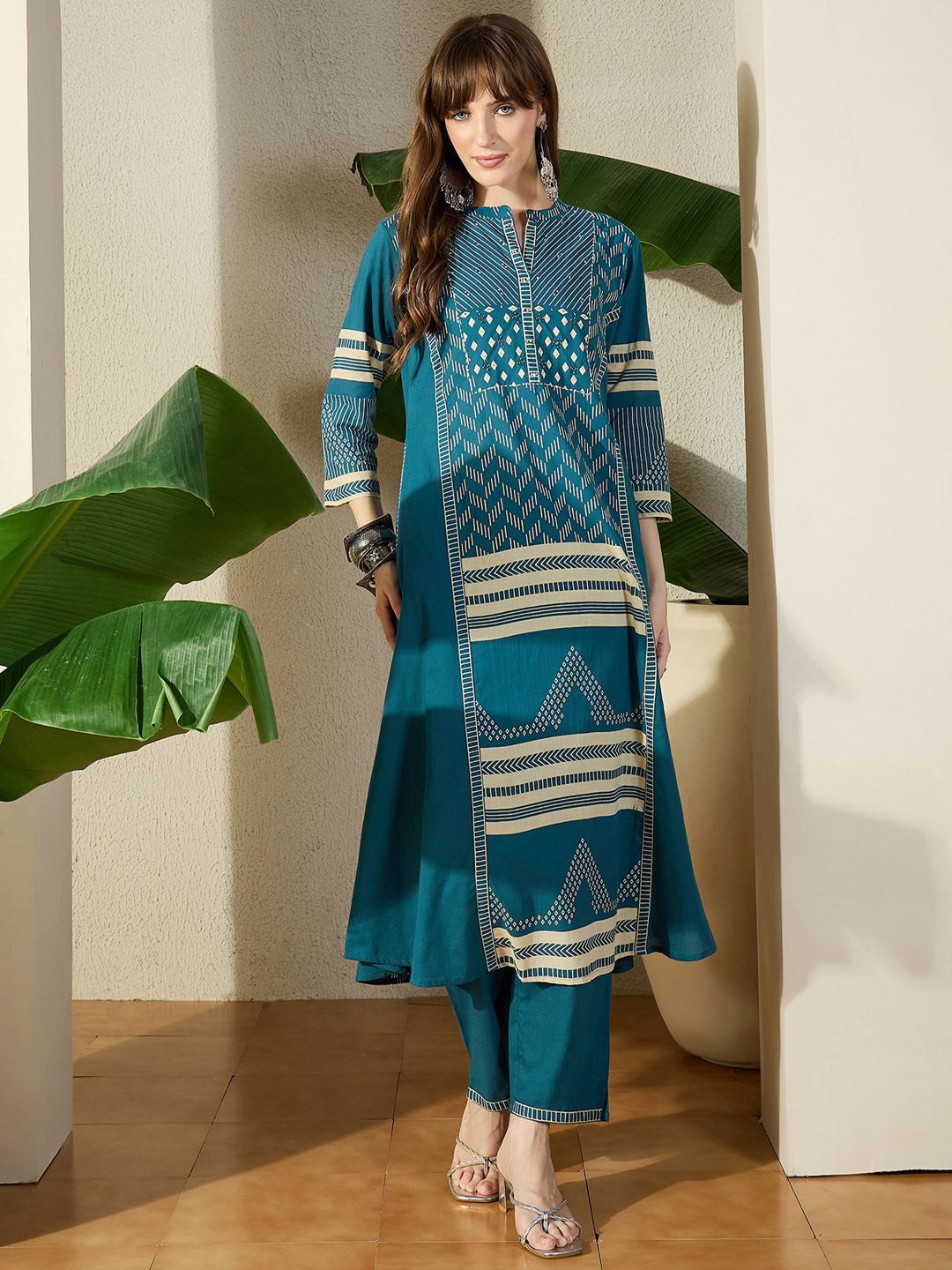 Dhiyona IE Geometric Printed Pure Cotton Top With Trousers Co-Ords