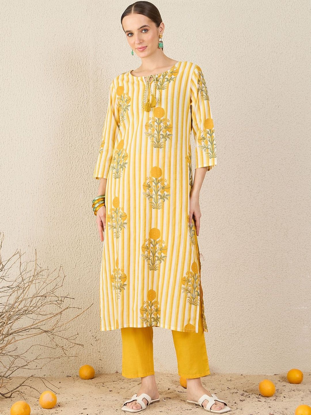 Women Floral Printed Cotton Kurta with Trousers & Dupatta