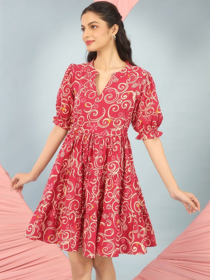 Dhiyona AY Women's Print Puff Sleeve Fit & Flare Dress