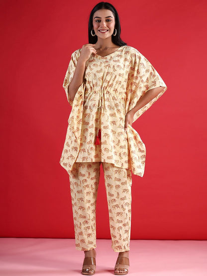 Dhiyona IE Printed V-Neck Pure Cotton Tunic & Trousers Co-Ords