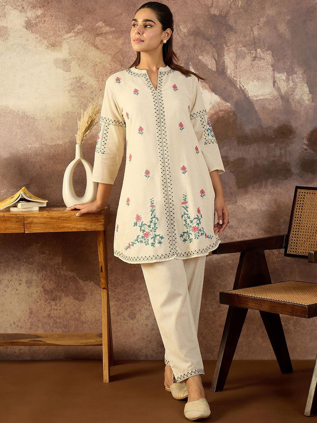 Women Ethnic Motifs Embroidered Pure Cotton Regular A-Line Kurta with Trousers