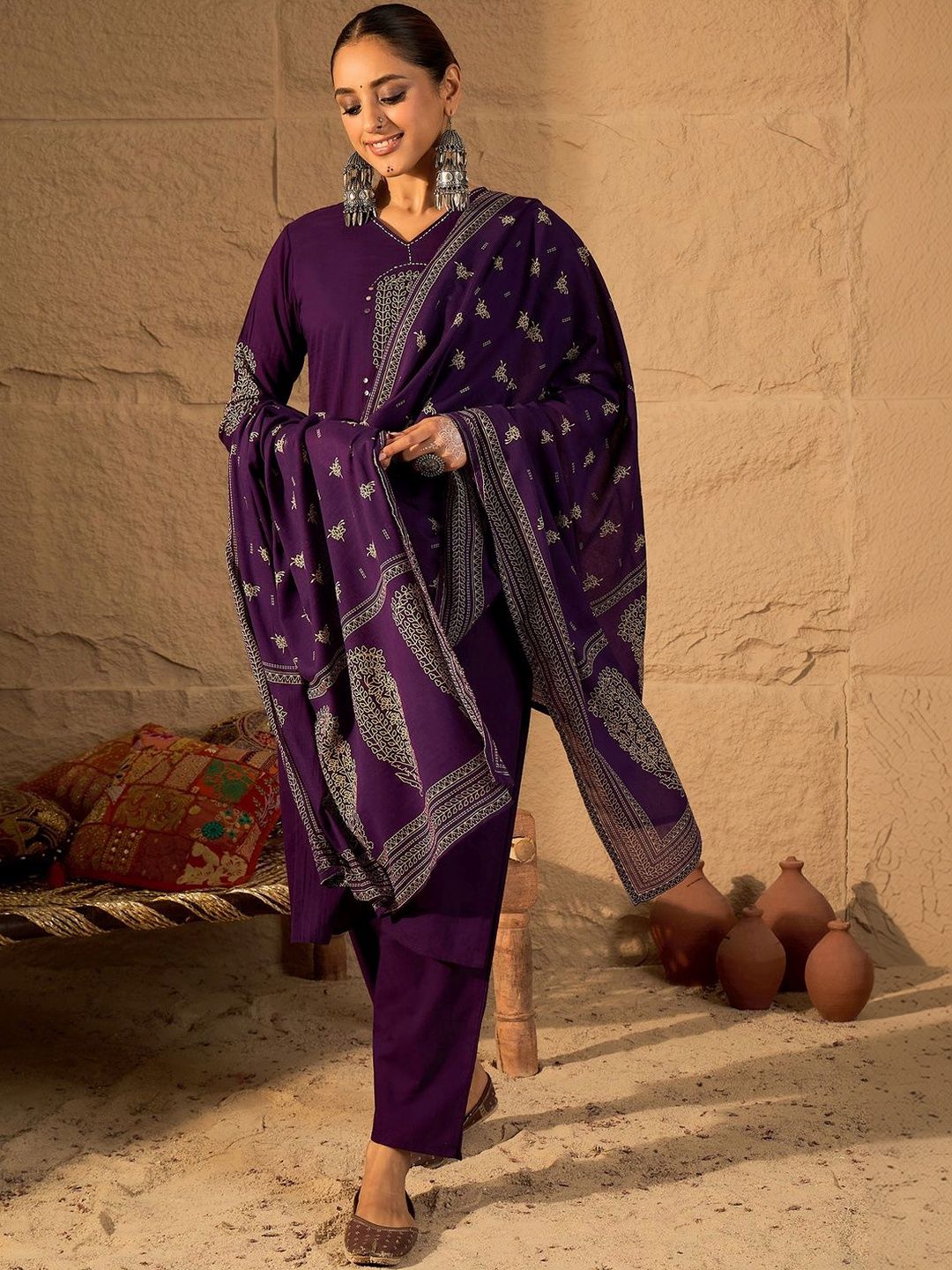 Women Ethnic Motifs Embroidered Regular Thread Work Pure Cotton Kurta with Trousers & With Dupatta