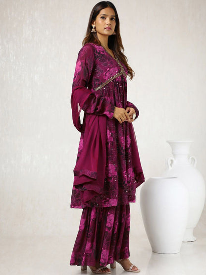 Dhiyona SO Women's Floral Printed Mirror Work Straight Kurta with Sharara & Dupatta