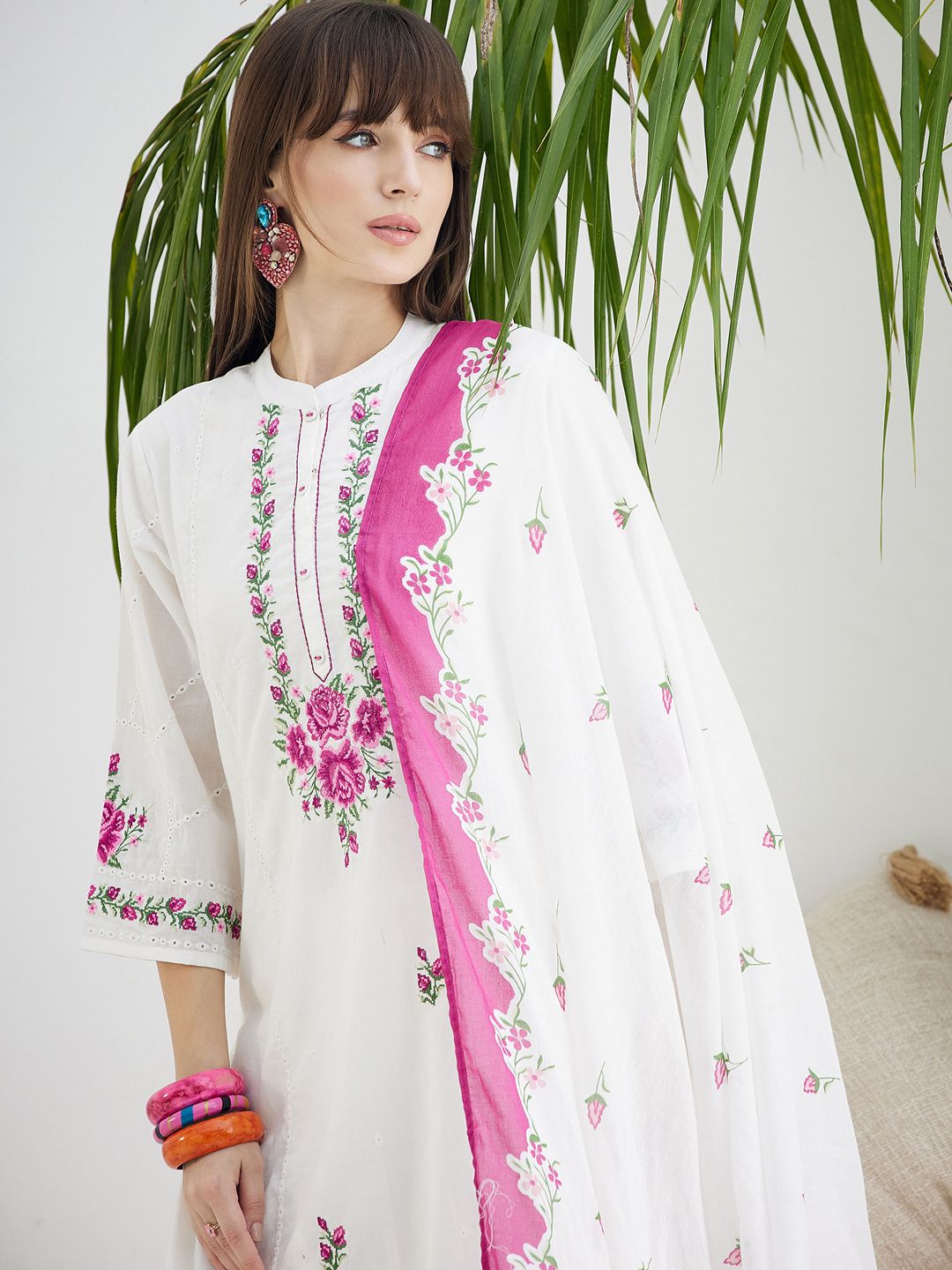 Dhiyona IE Floral Embroidered Thread Work Pure Cotton Kurta With Trousers & Dupatta