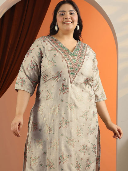 Dhiyona Women's Plus Size Printed V-Neck Straight Kurta With Trousers & Dupatta