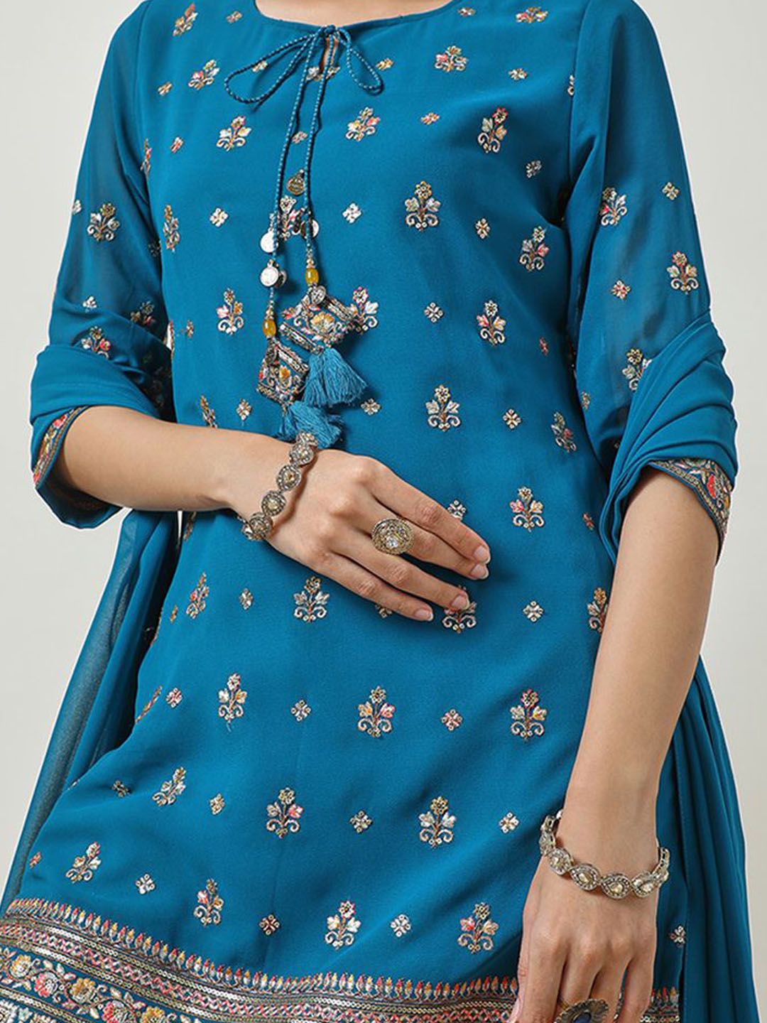 Dhiyona SO Women's Women Ethnic Motifs Embroidered Regular Thread Work Kurta with Sharara & With Dupatta