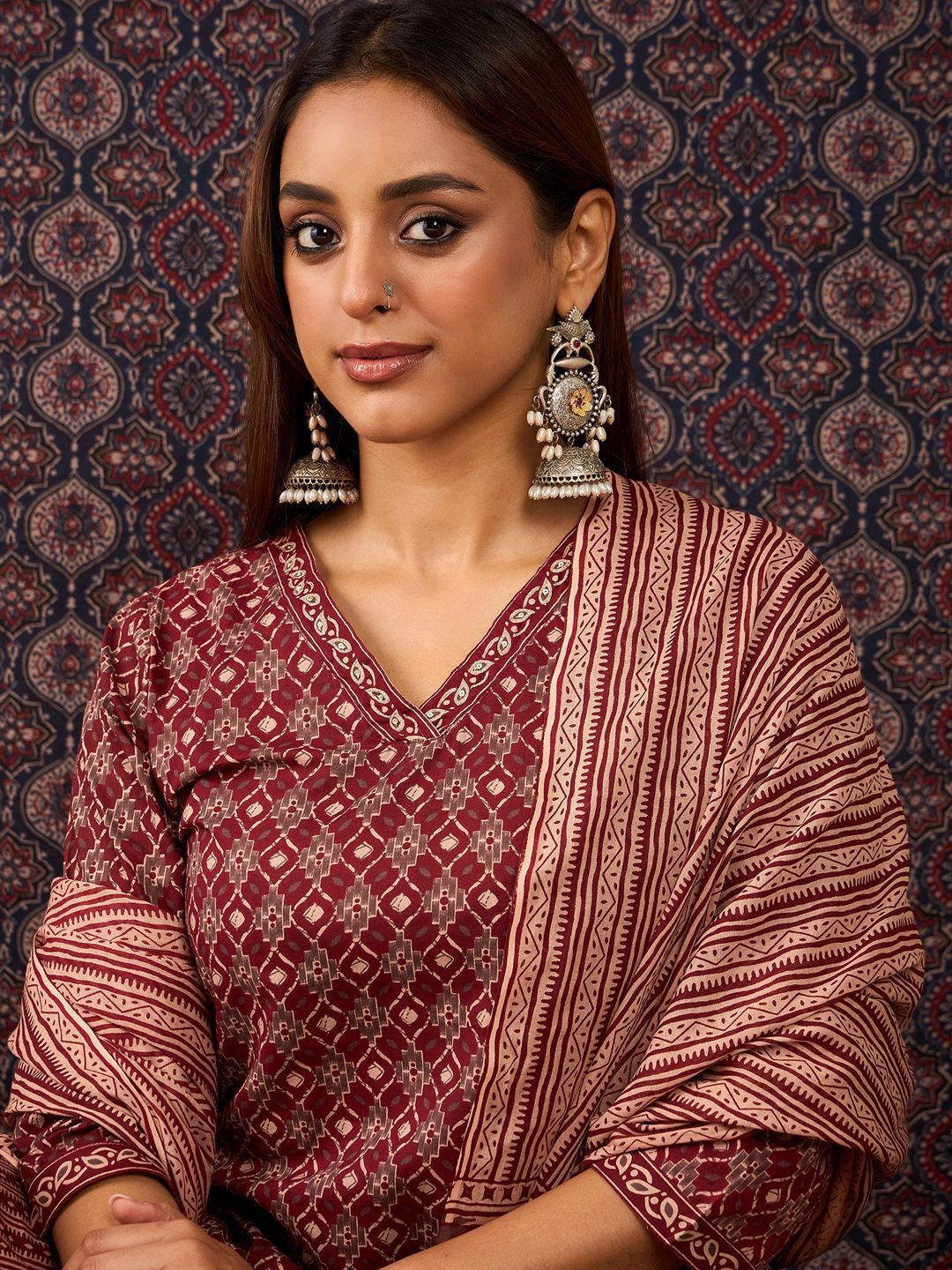 Ethnic Motifs Printed Sequinned Pure Cotton Kurta With Trousers & Dupatta