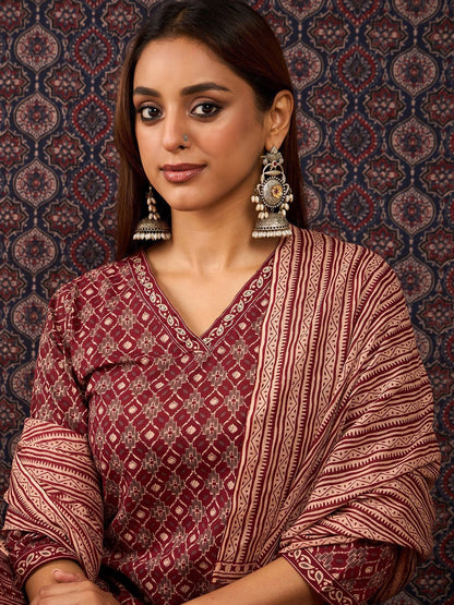 Ethnic Motifs Printed Sequinned Pure Cotton Kurta With Trousers & Dupatta