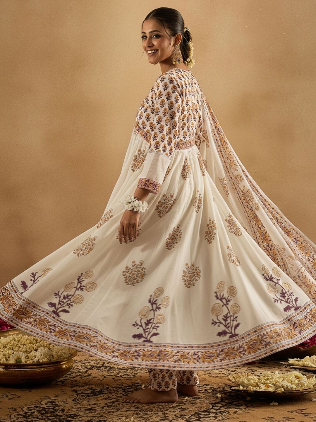 Ethnic Motifs Printed Empire Pure Cotton Anarkali Kurta With Trousers & Dupatta