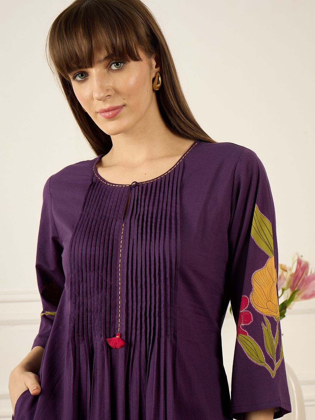 Dhiyona IE Printed Round Neck Three-Quarter Sleeves Pure Cotton Tunic And Trousers