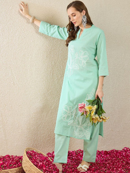 Dhiyona IE Embroidered Mandarin Collar Three-Quarter Sleeves Pure Cotton Tunic And Trousers