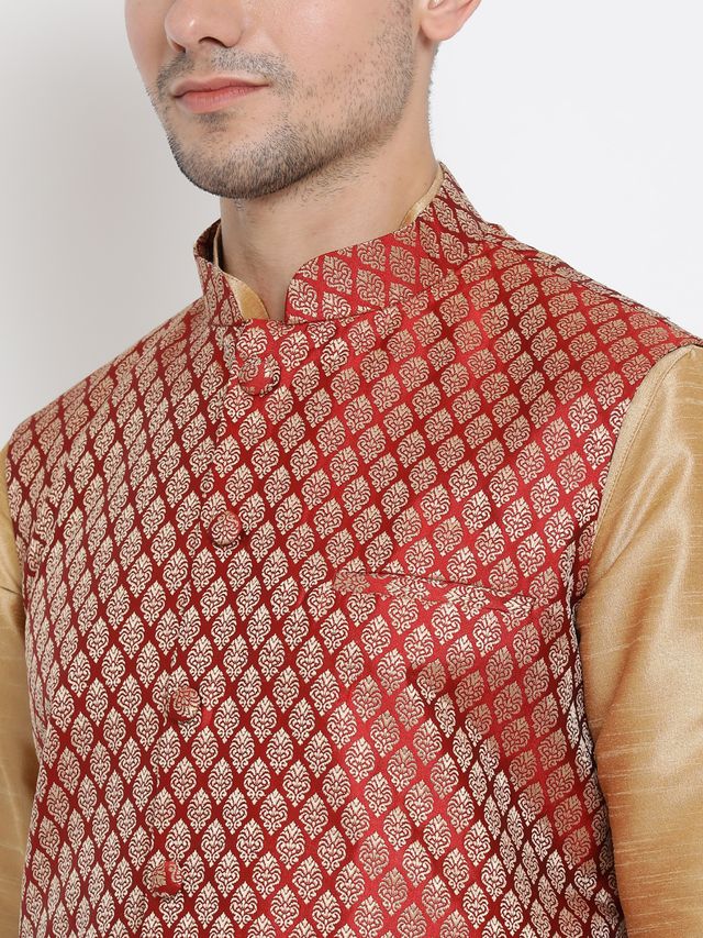 Men's Rose Gold Silk Blend Straight Jacket  Kurta and Dhoti Set