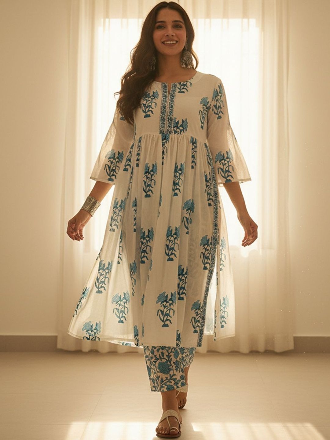 Floral Printed Empire V-Neck Pure Cotton A-Line Kurta with Trousers