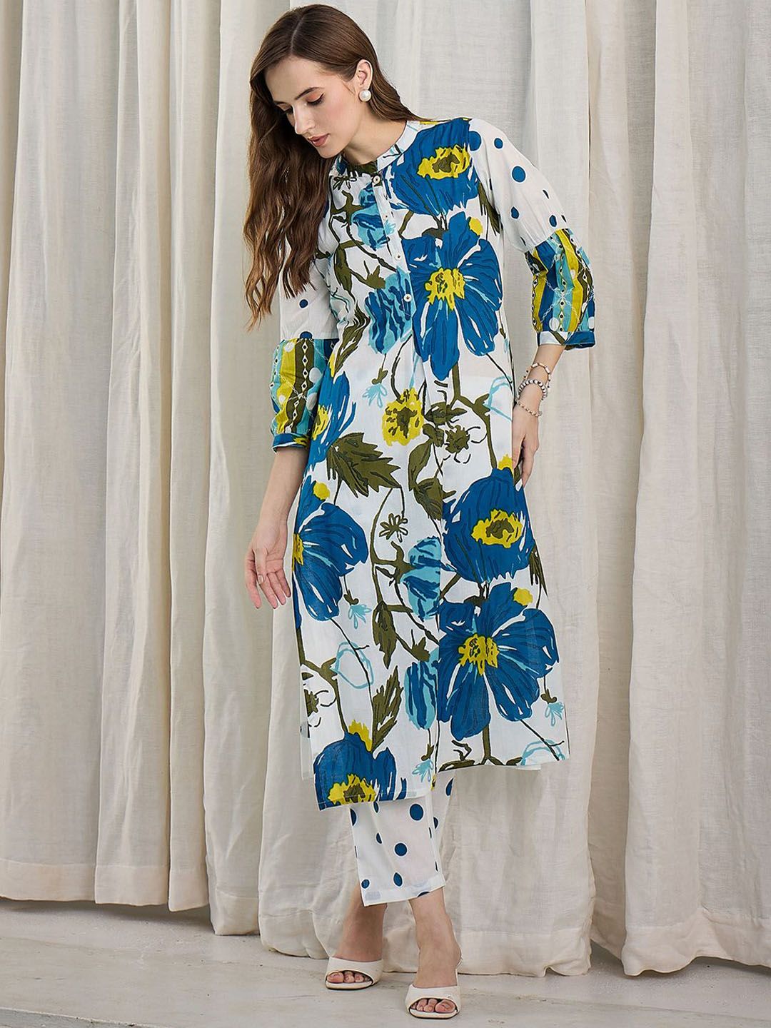 Women Floral Printed Cotton Kurta with Trousers