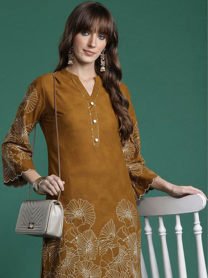 Women Floral Embroidered Regular Thread Work Pure Cotton Kurta with Trousers