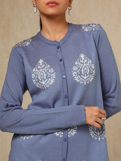 Dhiyona SO Women's Blue Ethnic Motifs Woven Design Acrylic Straight Kurta With Trouser