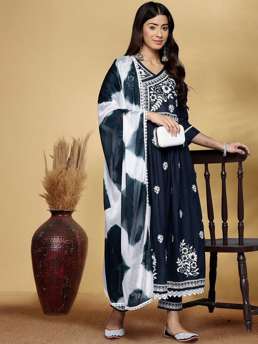Dhiyona PD Women Floral Embroidered V-Neck A-Line Kurta With Trousers And Dupatta