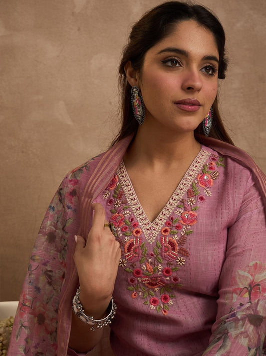 Women Floral Embroidered Regular Thread Work Linen Kurta Set With Dupatta