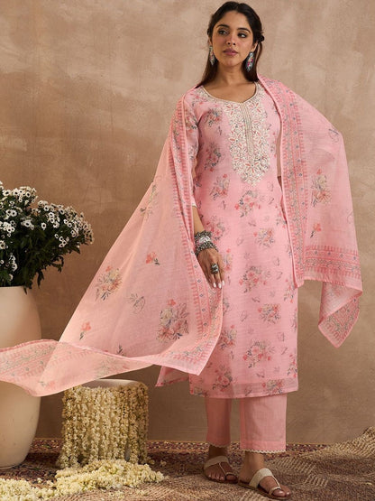 Women Floral Printed Linen Kurta with Trousers & Dupatta