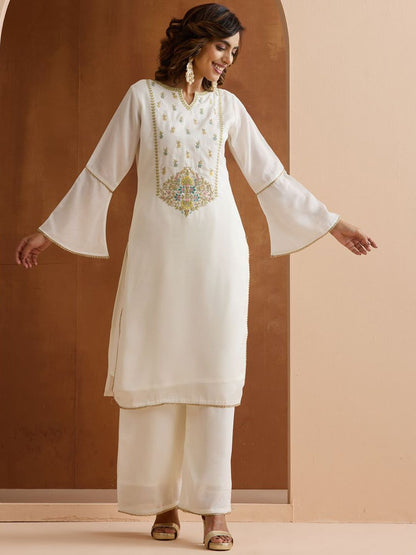 Dhiyona IS Women's Floral Embroidered Yoke Design Notch Neck Sequinned Kurta With Palazzos And Dupatta