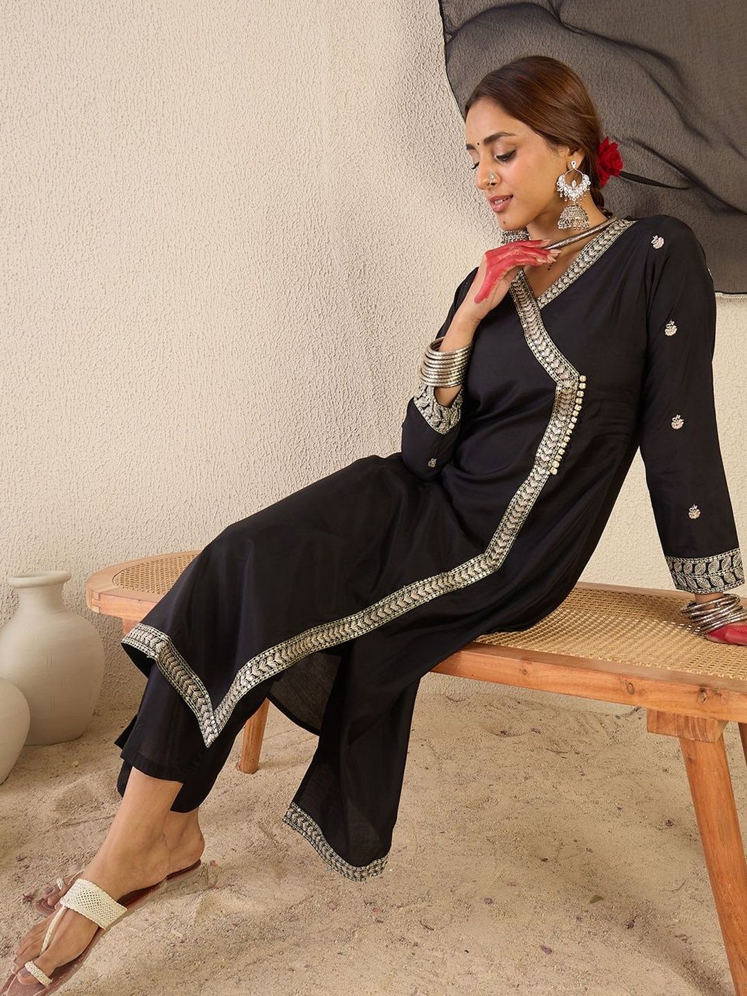 Women Ethnic Motifs Embroidered Angrakha Thread Work Kurta with Trousers & With Dupatta
