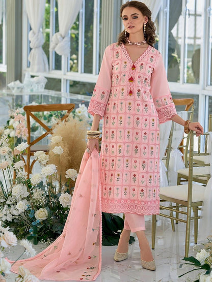 Women Floral Embroidered Regular Thread Work Pure Cotton Kurta with Trousers & With Dupatta