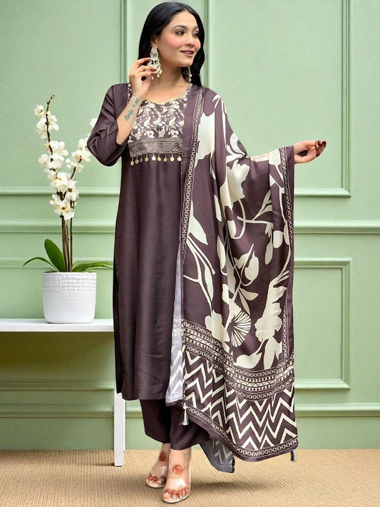 Dhiyona SN Women's SangriaFloral Floral Printed Yoke Or Border Straight Kurta With Trouser And Dupatta
