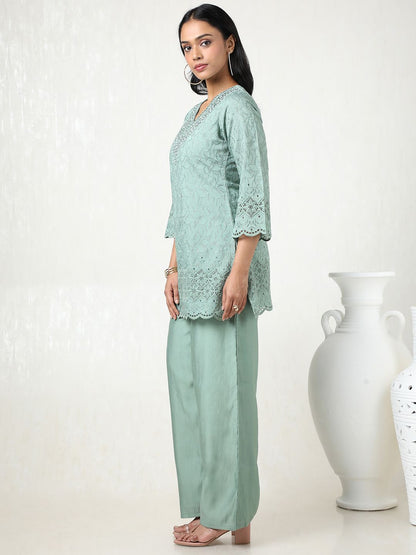 Dhiyona SO Women's Women Embroidered Angrakha Mirror Work Kurta with Palazzos