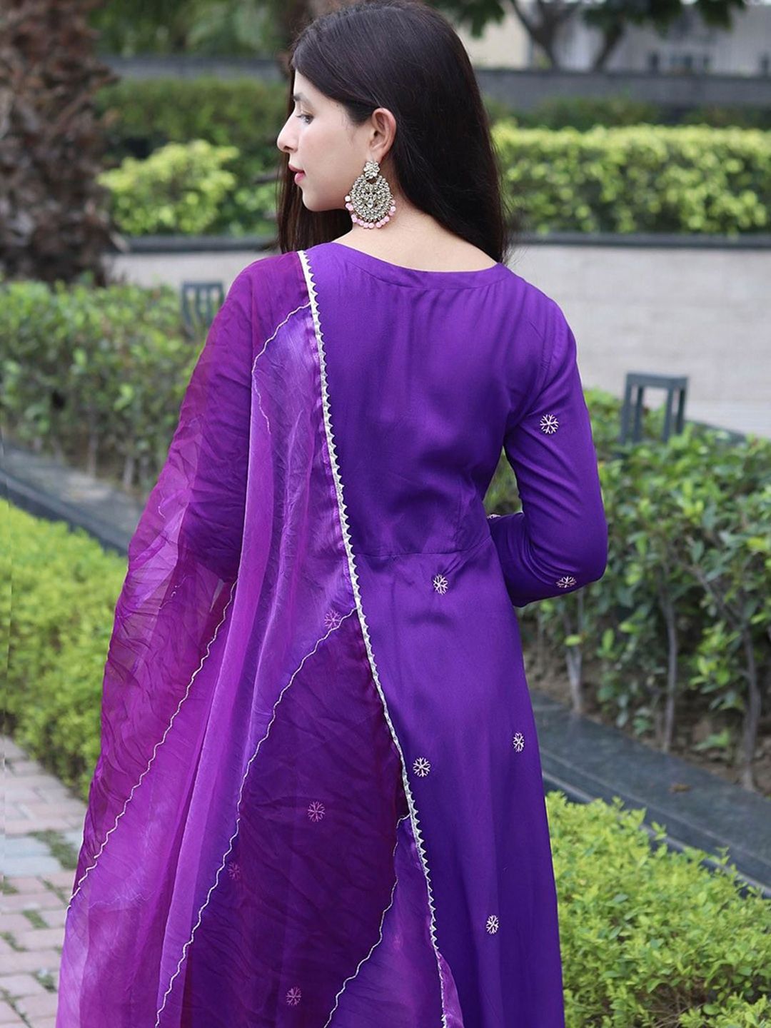 Dhiyona KL V Neck Floral Embroidered Anarkali Kurta With Trousers & Dupatta