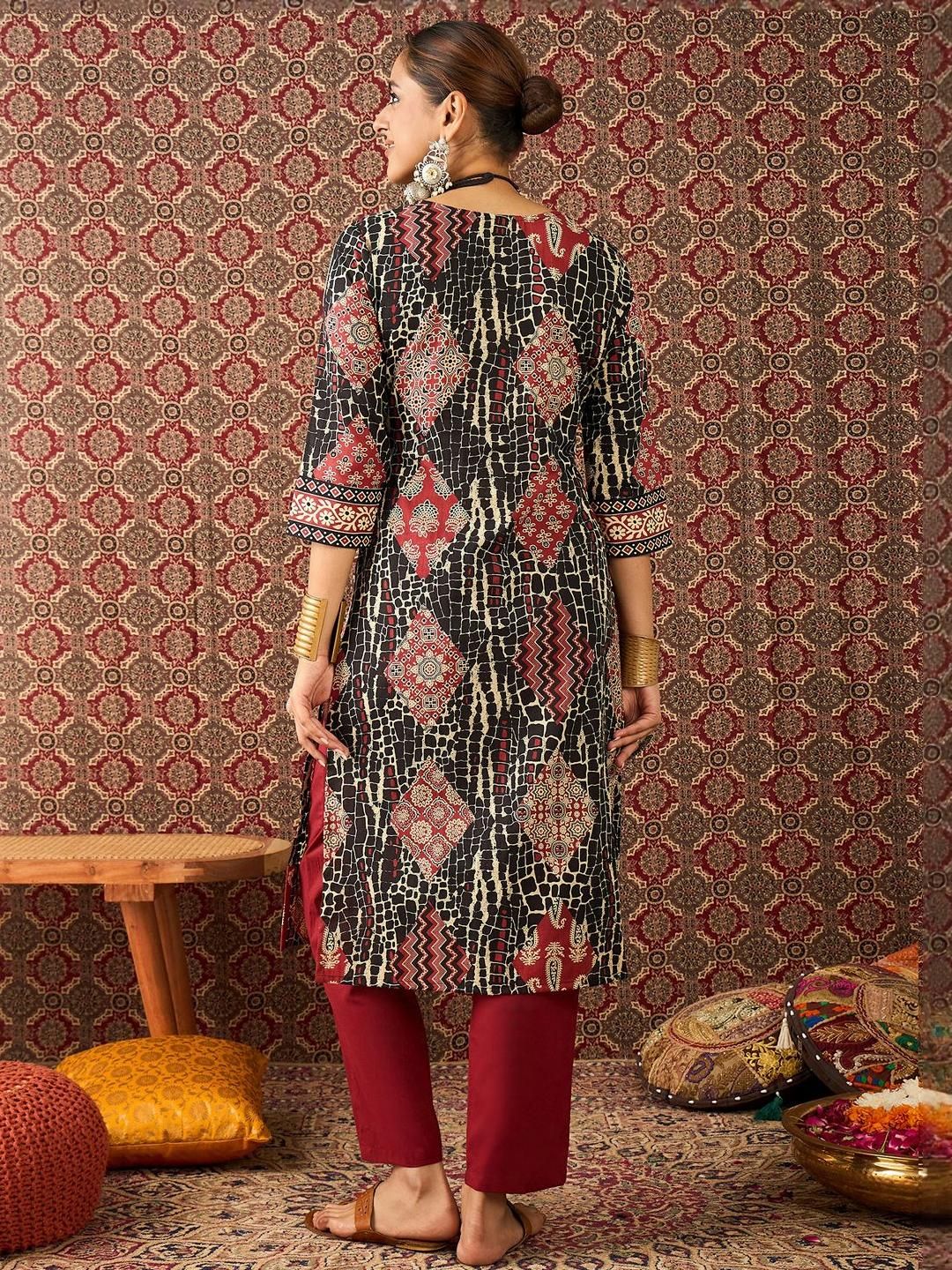 Dhiyona IE Printed Pure Cotton V-Neck Tunic With Trouser