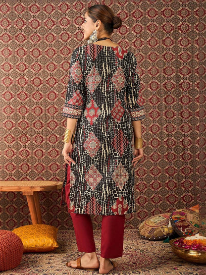 Dhiyona IE Printed Pure Cotton V-Neck Tunic With Trouser