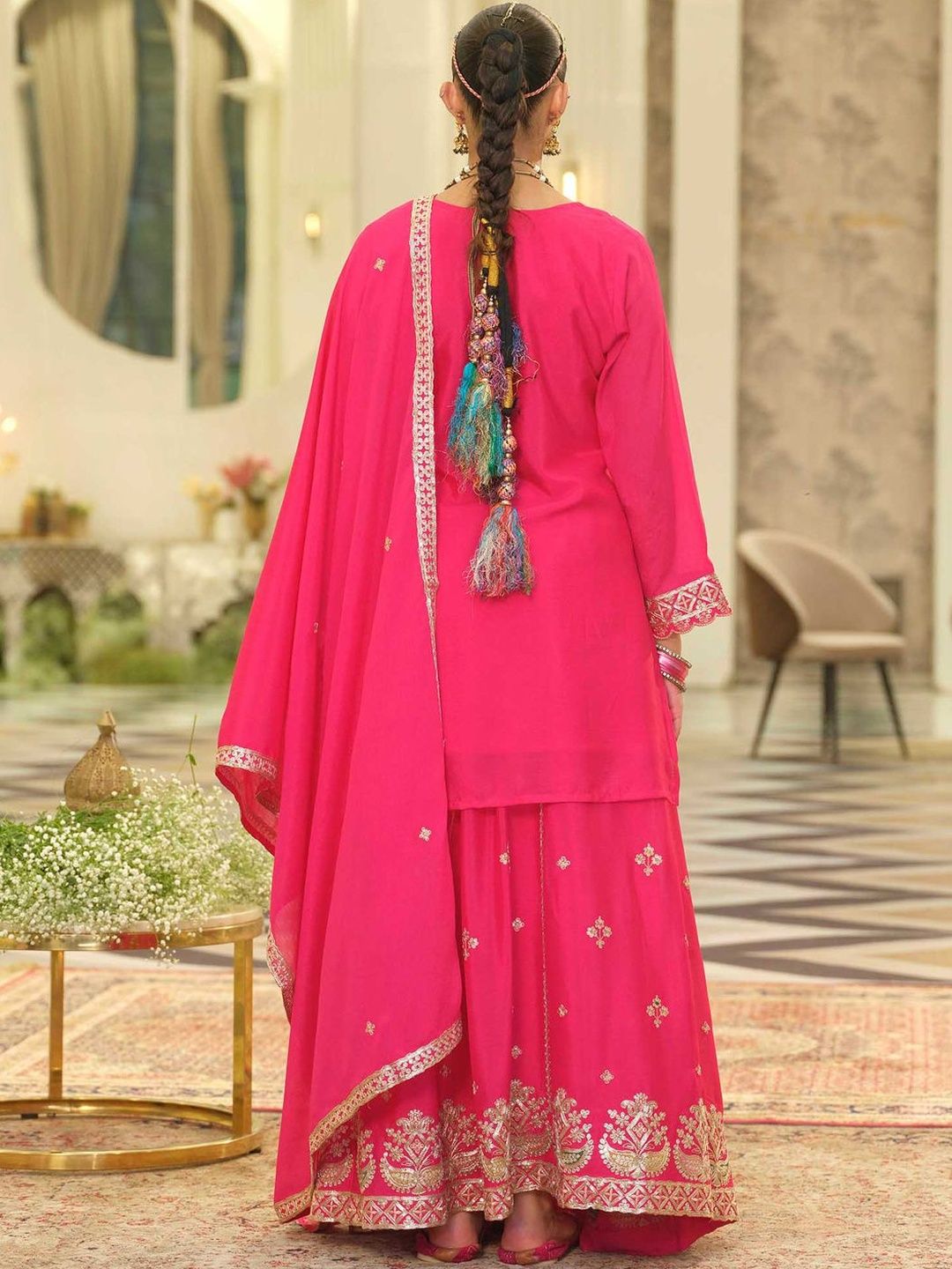 Dhiyona IE Ethnic Motifs Embroidered V-Neck Straight Kurta With Sharara & Dupatta