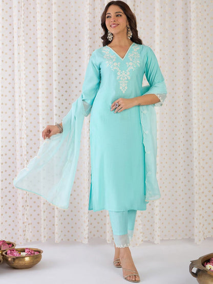 Dhiyona IE Floral Yoke Design Liva Straight Kurta With Trousers & Dupatta