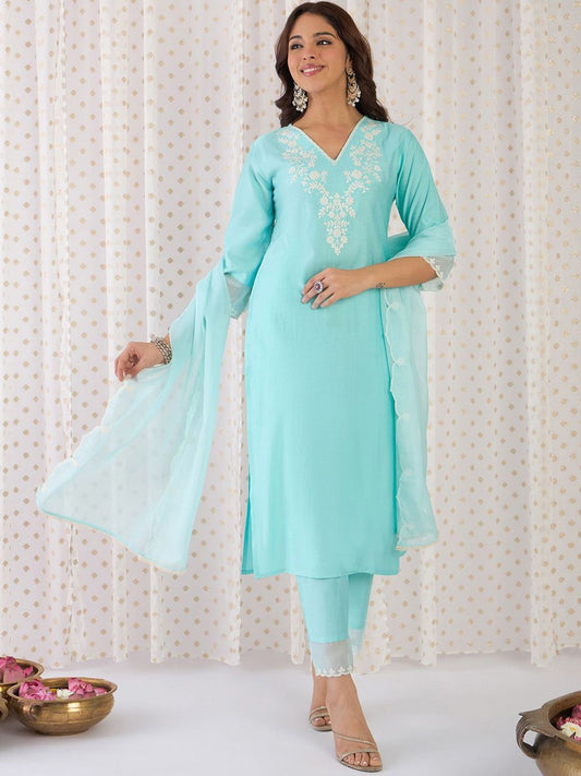 Dhiyona IE Floral Yoke Design Liva Straight Kurta With Trousers & Dupatta