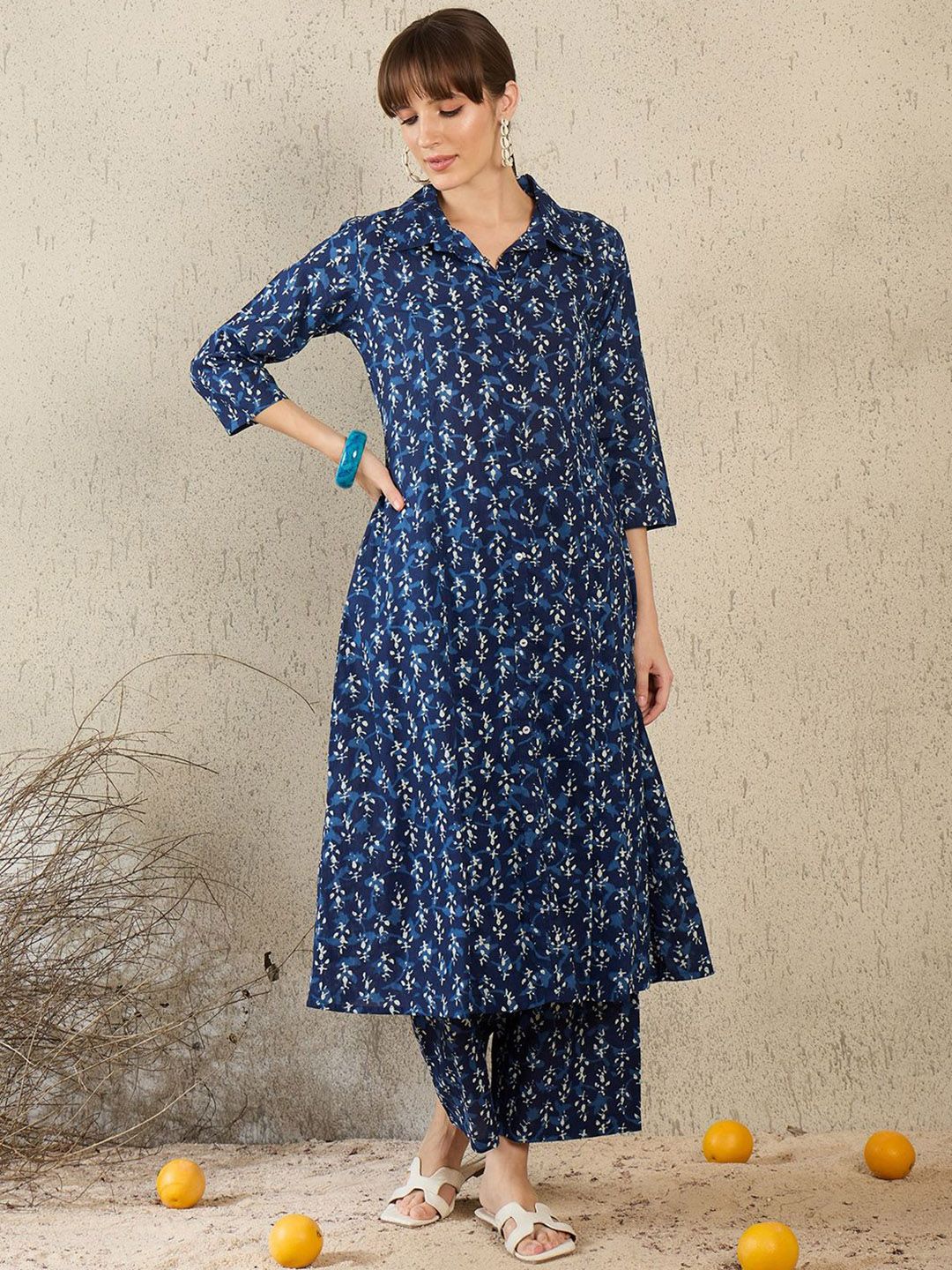 Geometric Printed Shirt Collar A-Line Pure Cotton Kurta With Palazzos