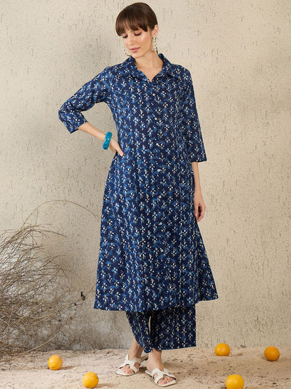 Geometric Printed Shirt Collar A-Line Pure Cotton Kurta With Palazzos