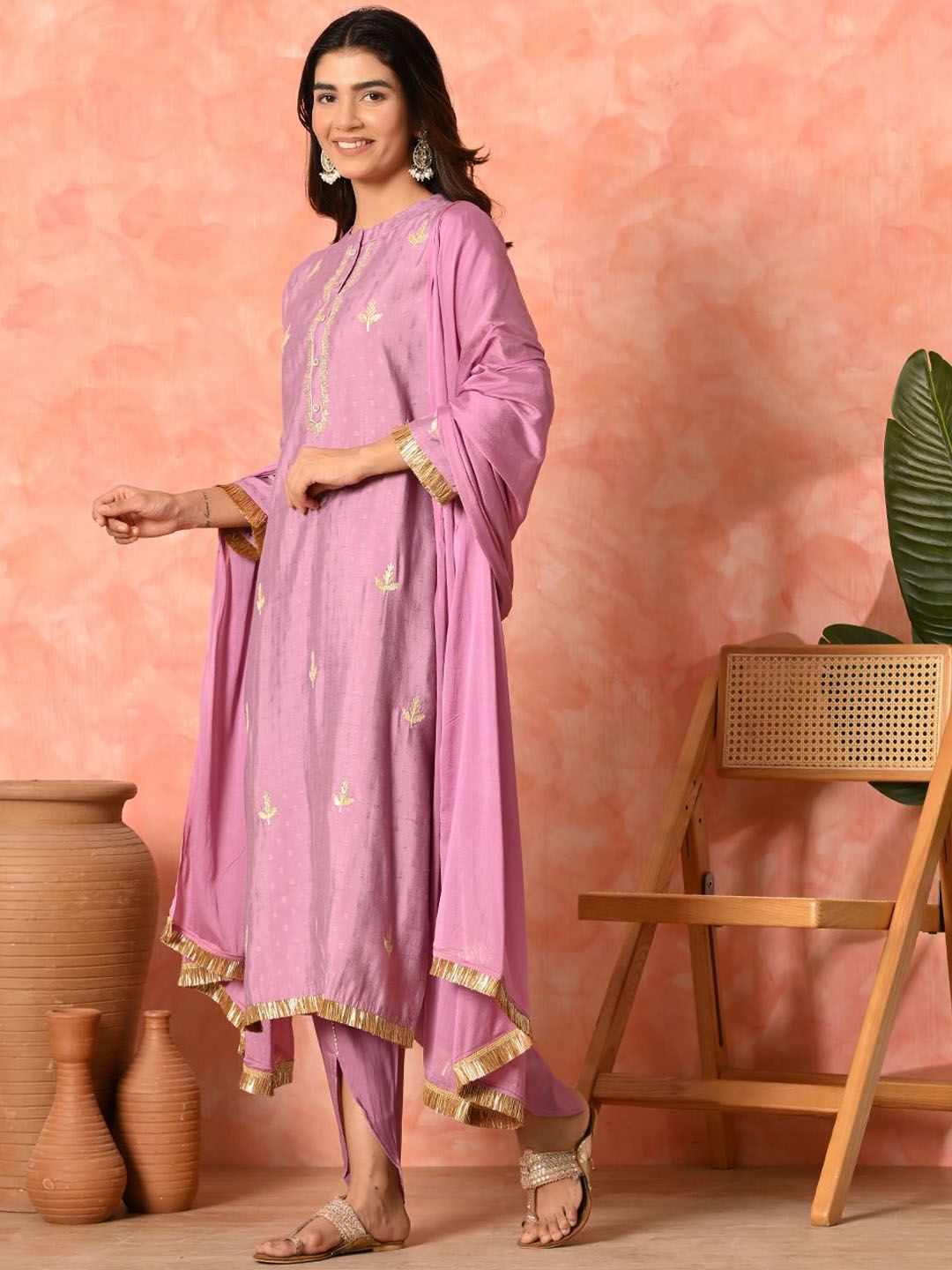 Dhiyona SN Women's Solid Embroidered Kurta with Dhoti Pant & Dupatta