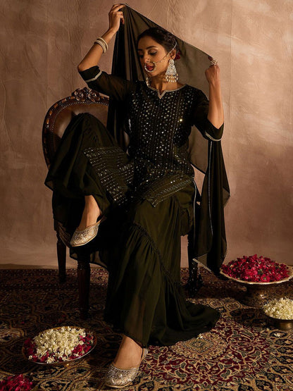 Dhiyona IE Ethnic Motifs Embroidered Sequinned Straight Kurta With Sharara & Dupatta