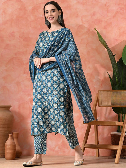 Dhiyona SN Women's Printed A-Line Kurta With Trousers & Dupatta
