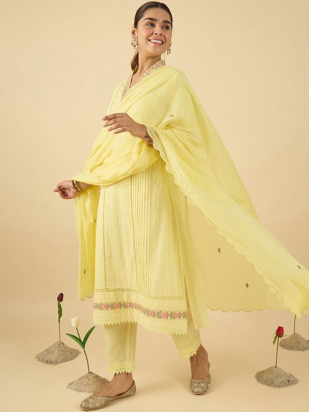 Women Floral Embroidered Cotton Kurta with Trousers & Dupatta