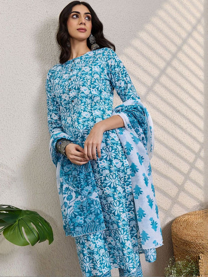 Women Floral Printed Regular Pure Cotton Kurta With Trousers & Dupatta
